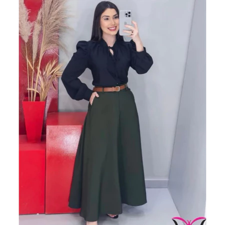 Saia Longa Feminina Alfaiataria Moda Evangélica Casual Básica Inverno Cintura Alta