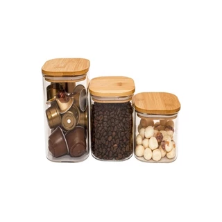 Kit 3 potes de vidro herméticos com tampa de bambu quadrado 200 ml 250ml 300 ml