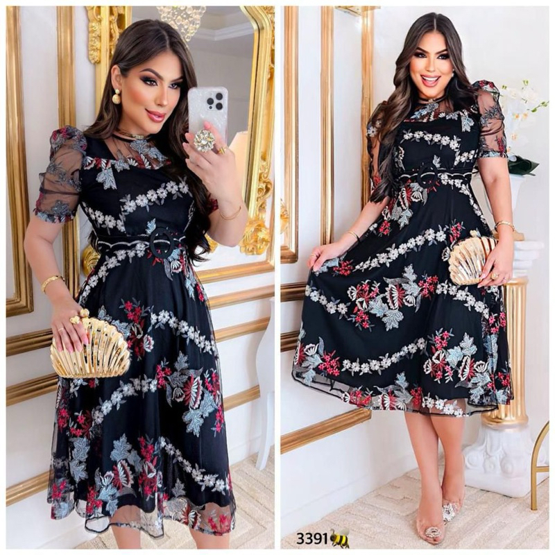 VESTIDO NO TULE BORDADO FORRADO