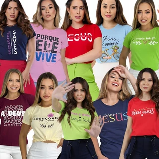 Kit 10 T-shirt Feminina Estampada Blusas Evangélica Moda Cristã Camiseta 100% Algodão Manga Curta
