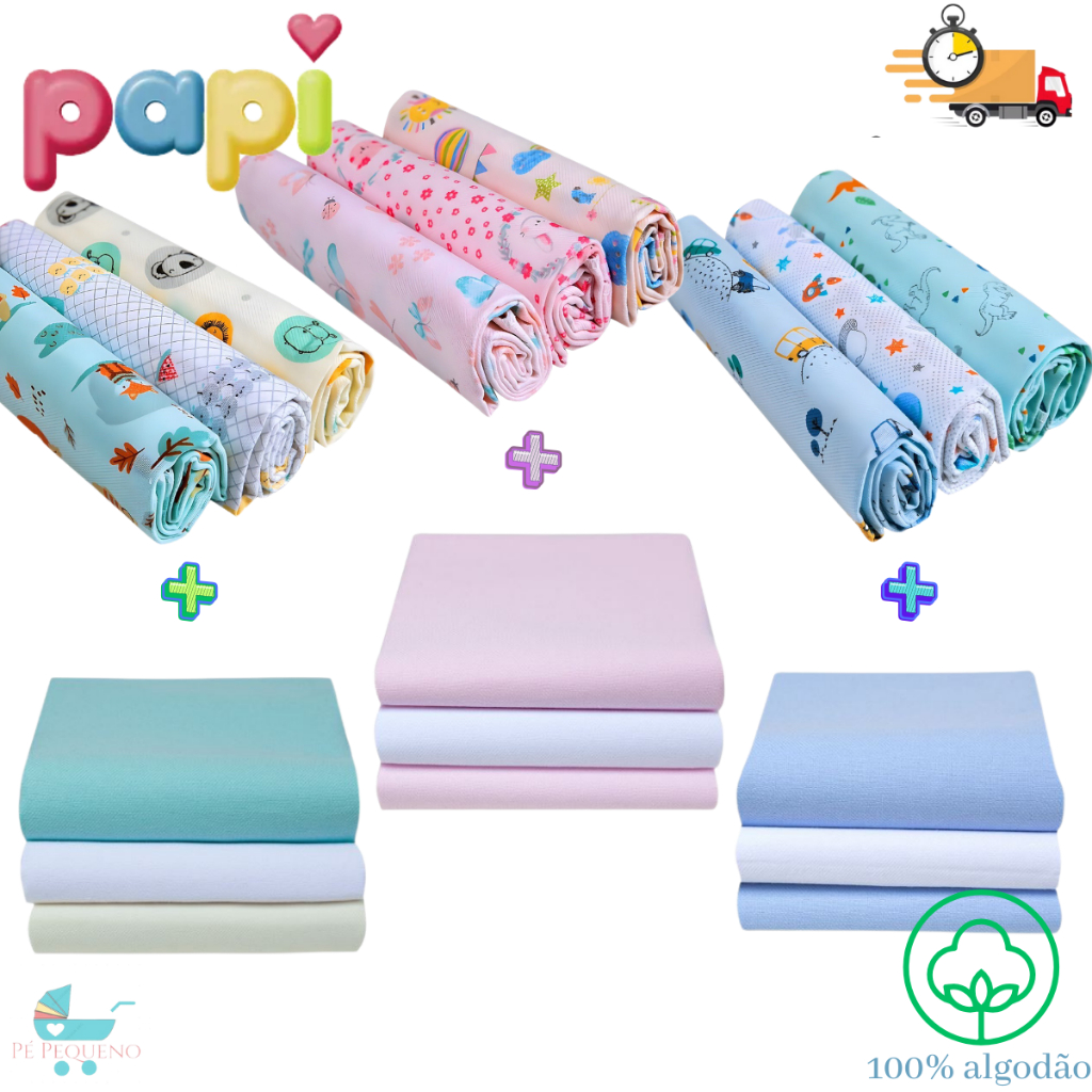 Kit 6 Cueiros Bebê Flanelado Estampado 100% algodão 80cm x 50cm ...