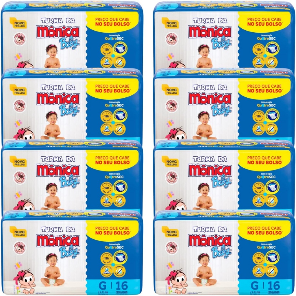 Kit 8 Pacotes da Fralda Descartável Turma Da Mônica Baby Tamanho G