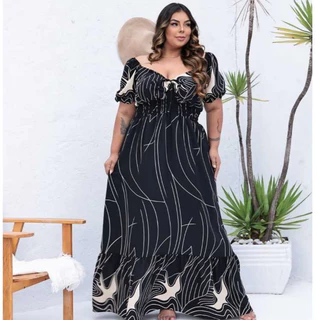 Vestido feminino longo plus size decote v manga ciganinha forrado viscolinho
