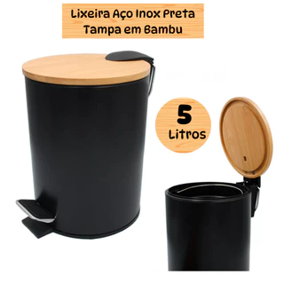 Lixeira Inox Preta Com Tampa de Bambu e Balde Removível 5 Litros Banheiro Cozinha Escritório Premium