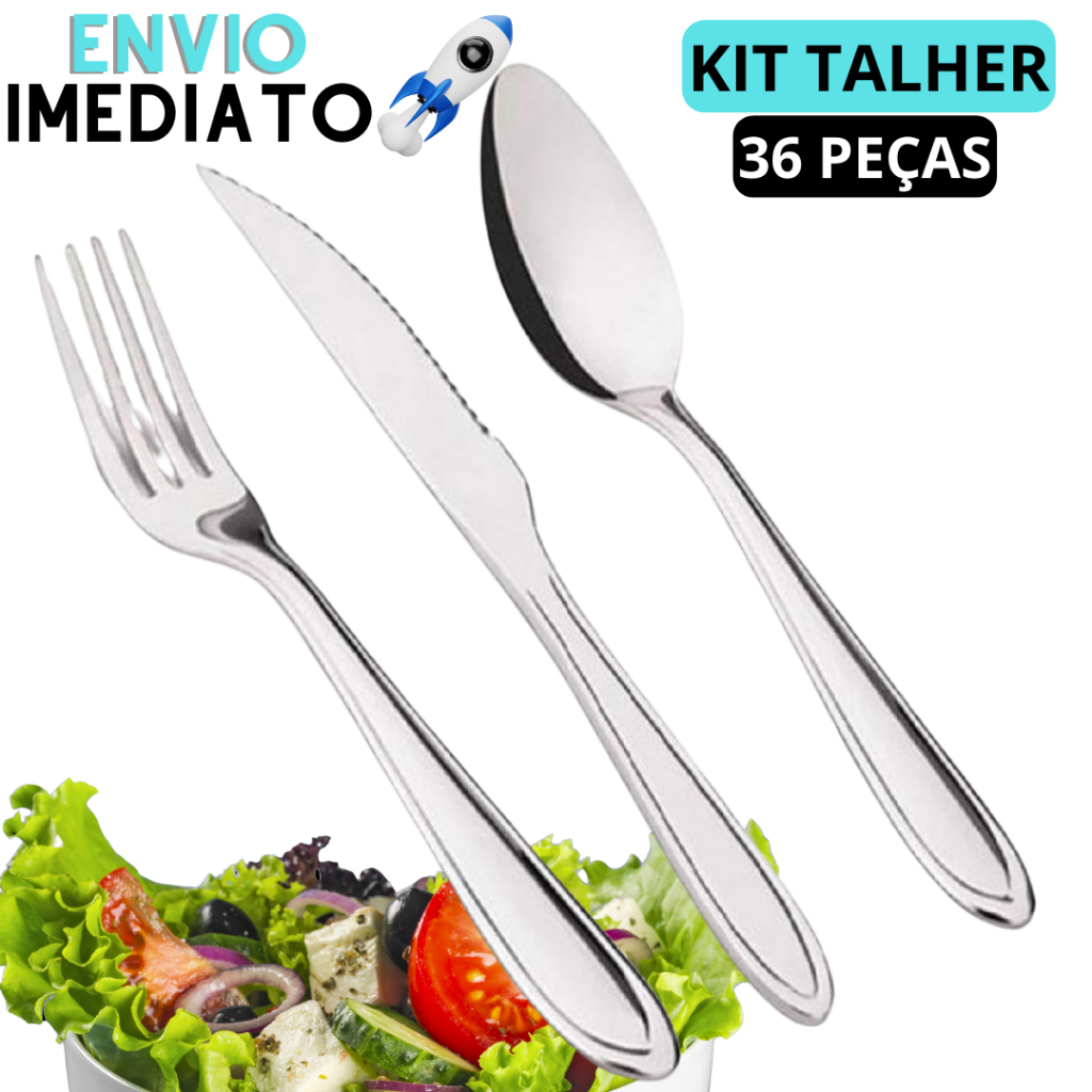 Kit 36 Talheres Aço Inox PREMIUM Faca 12 Garfos 12 Facas 12 Colheres ...