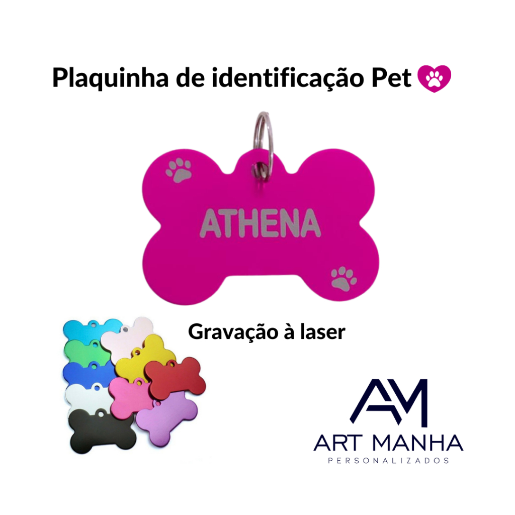 Plaquinha de Identificação de Pets Cachorro e Gatos Gravação de nome e telefone