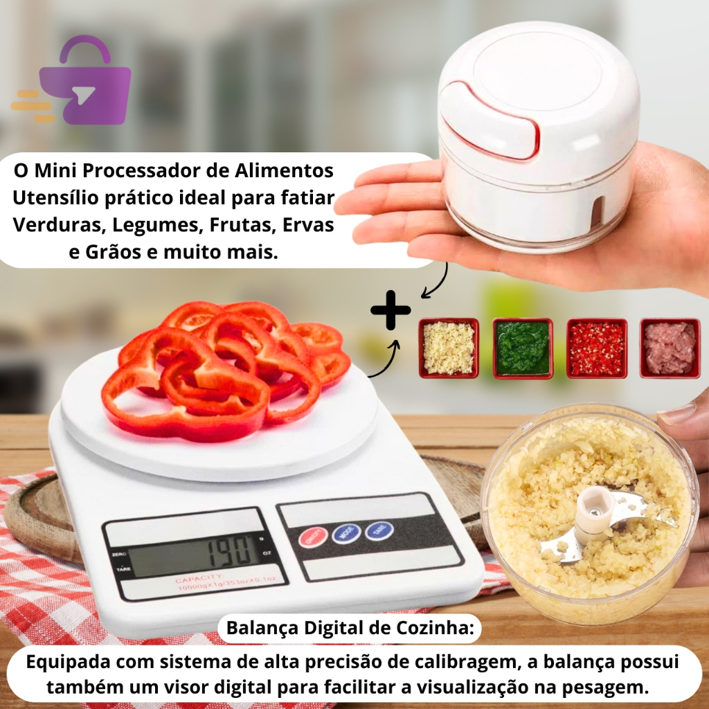 Kit Balança Digital De Cozinha Nutrição Dieta Com Mini Multiprocessador Triturador 2 Lâminas Inox