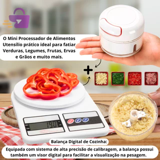 Kit Balança Digital De Cozinha Nutrição Dieta Com Mini Multiprocessador Triturador 2 Lâminas Inox