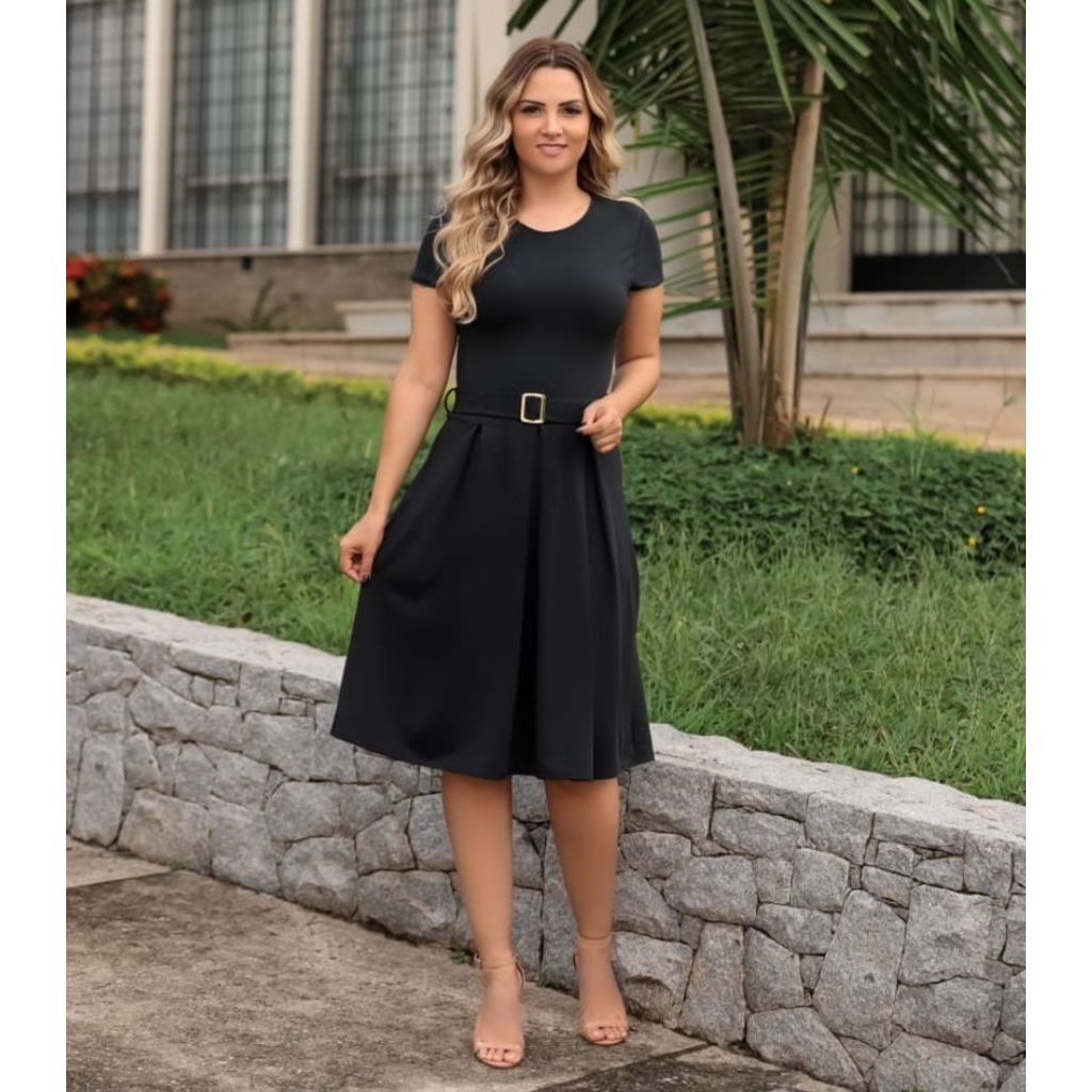 Vestido Gode Evangélico Moda Feminina MIdi Rodado Com pregas e Cinto ...