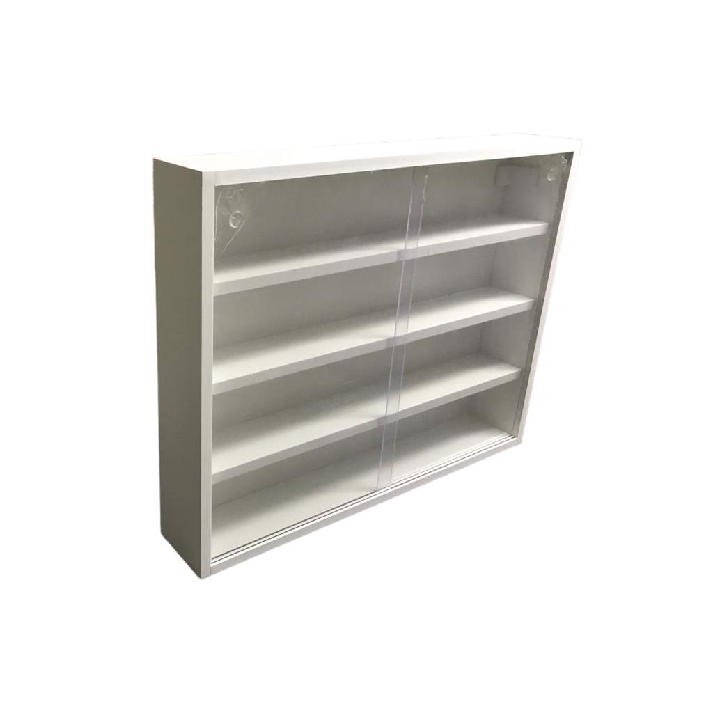 Estante expositora em mdf branco com portas em acrilico 80x52x11