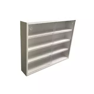 Estante expositora em mdf branco com portas em acrilico 80x52x11