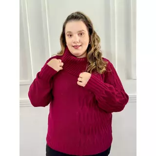 Blusa lã trico plus size com gola lateral e botões e trabalhado lateral inverno modinha 2404