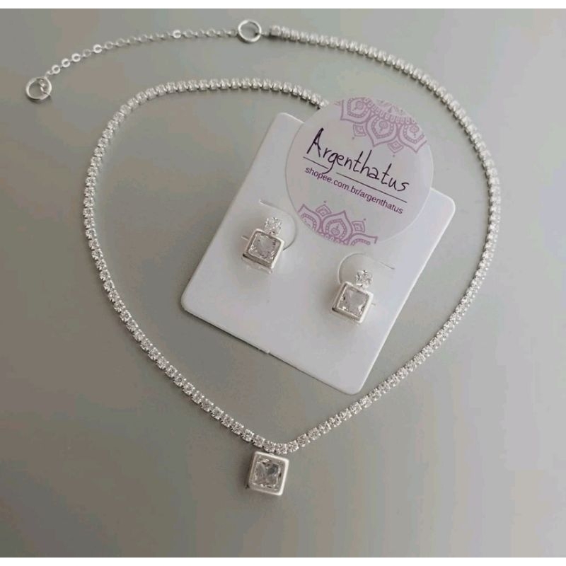 Conjunto Riviera de Zircônias com Pingente e Brincos Prata 925