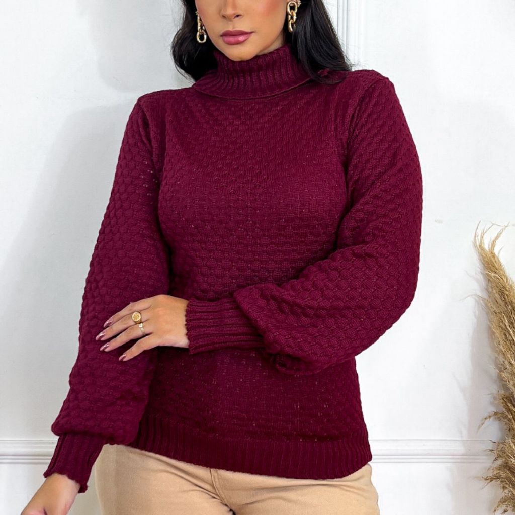 Blusa De Frio Tricot Feminina Frio Gola Alta Manga Longa Tricô Inverno ...