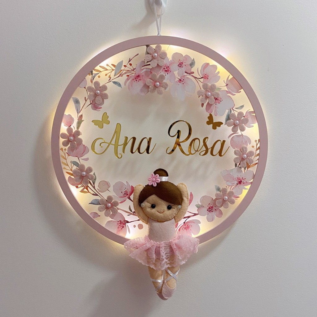 Porta Maternidade Acrílico Bailarina Rosa Nome Espelhado Led