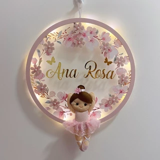 Porta Maternidade Acrílico Bailarina Rosa Nome Espelhado Led