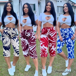 calça pantacourt feminina estampada floral midi com bolso calça capri