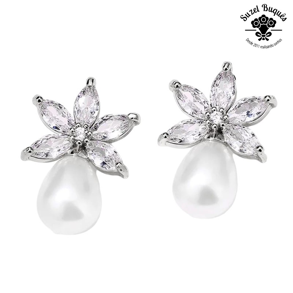 Brinco Strass Pérola Prata Noiva Festa Casamentos