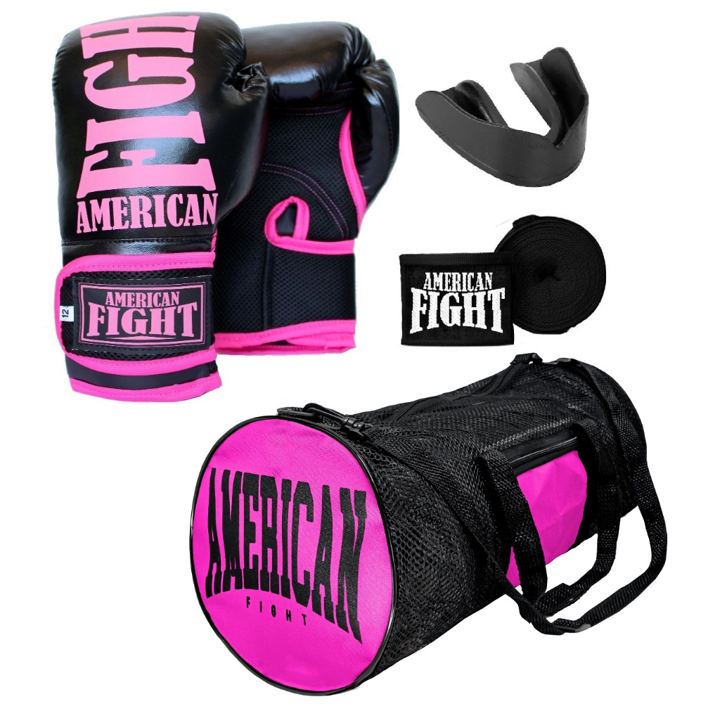 Kit Boxe Muay Thai MMA Luva Bolsa Bandagem Bucal American Fight - Rosa