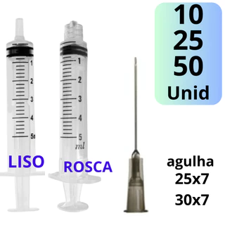 10/25/50 Unid Seringa 5ml Liso/Rosca + Agulha 25x7 / 30x7