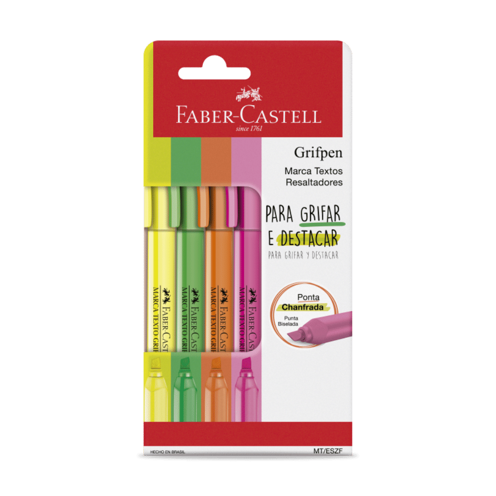 Kit Marca Texto Grifpen Faber-Castell 4 Cores Neon Amarelo Laranja Rosa ...
