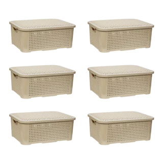 06 Caixa Rattan Organizadora Cesto Multiuso 10 Litros Plástico com Tampa Empilhavel