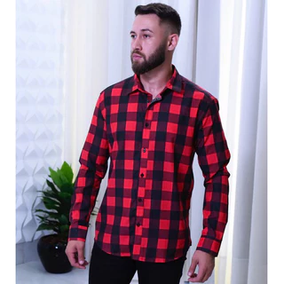 CAMISA XADREZ MASCULINA MANGA LONGA SLIM VERMELHO E PRETO