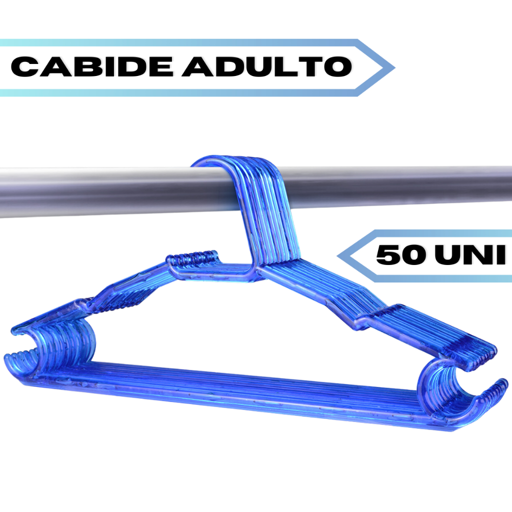 Cabide Adulto Acrílico Azul Kit 50 Unidades Reforçado Resistente para Guarda-Roupas, Closet e Araras