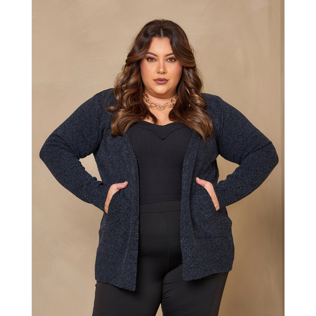Blusa Cardigan De Frio Com Bolso Plus Size Fio Mousse | Shopee Brasil