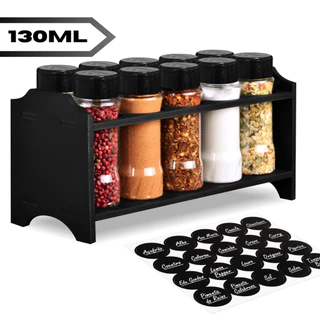 Porta Tempero MDF 6mm + 10 Potes para Tempero Plástico 130ml Tampa Dosadora Dupla Organiza Temperos