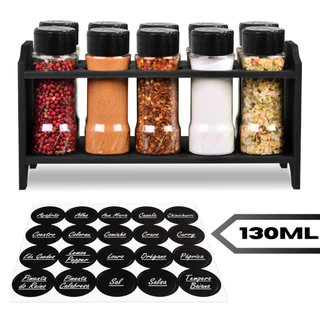 Kit Porta Tempero com 10 Potes Plástico 130ml MDF 6mm Tampa Dosadora Dupla P/ Temperos e Especiarias
