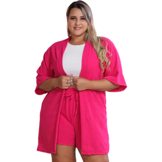 Conjunto Feminina Estampada Verão (Kimono+Short) Cintura Com Elastica Tam Plus Size