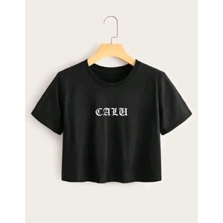 Cropped feminino camiseta branco e preto estampado calu