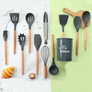 Jogo de Cozinha Kit C/12 Peças de Premium Silicone Utensílios e Copo Suporte para Cabo de Madeira