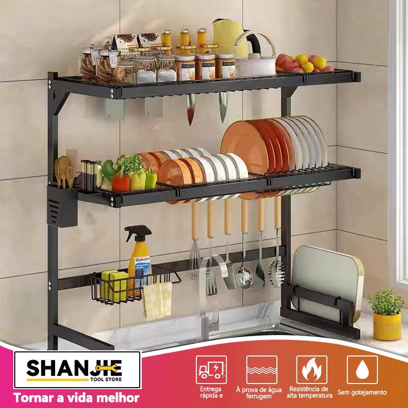 Cozinha Escorredor De Louça Suspenso Boutique Kitchen Rack Aço Inoxidável Organizador Louça Preto 85cm、65CM Para envio imediato