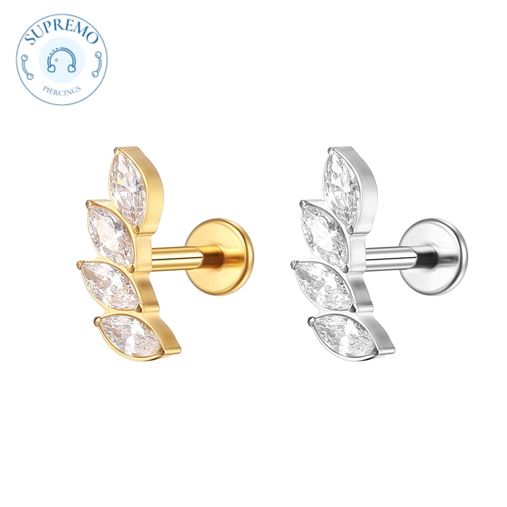 Piercing Labret Aço Cirúgico Pvd 4 Zircônias Helix, Tragus, Conch, Nariz, Boca-Medusa e Outros