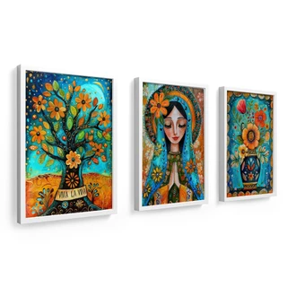 Kit 3 quadros decorativos arte mexicana, vaso, flores vidro, santa, árvore da vida, com moldura