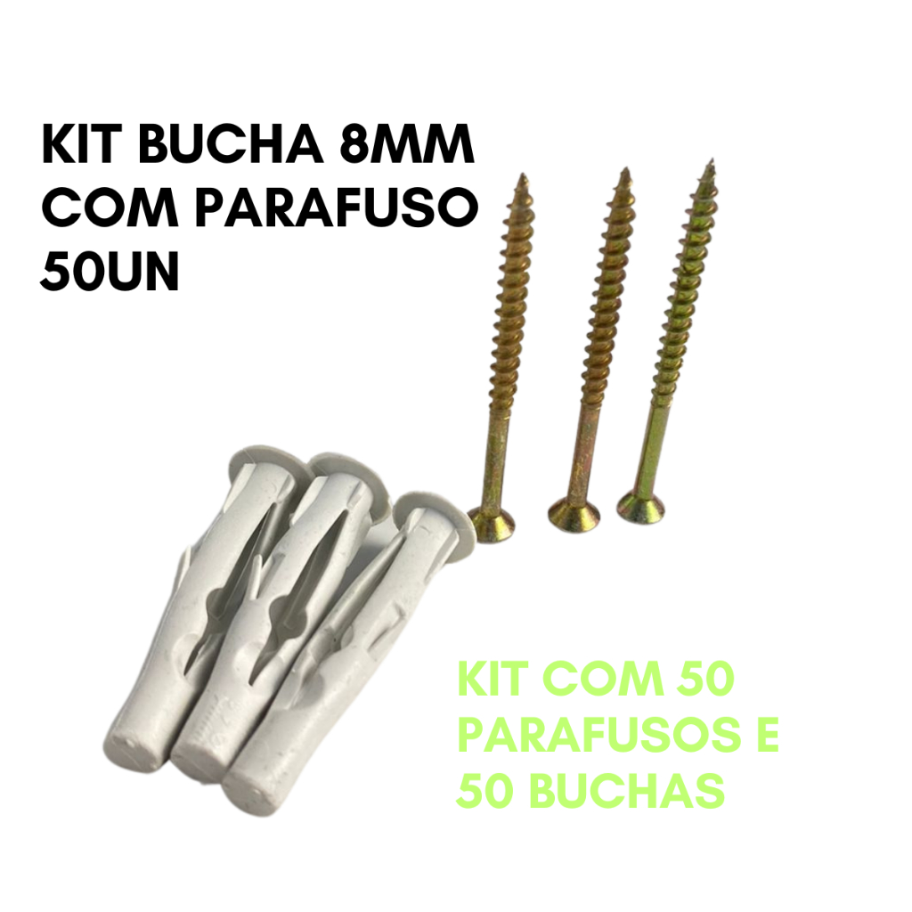 Bucha Fu 8mm e Parafuso 4x,5x60 p/ parede oca, base oca, bloco oca kit com 50 un