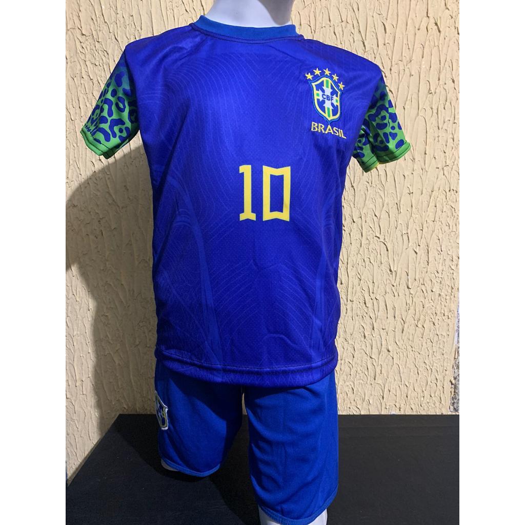 Kit Camisa estampada Seleção BR Azul , Conjunto infantil futebol , BR onça !!