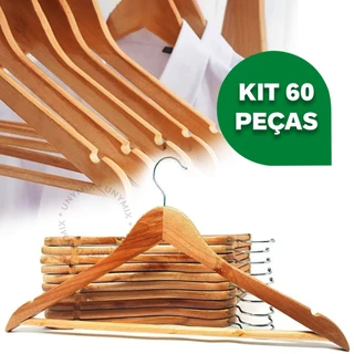 Kit 60 Cabides De Madeira Premium Marfim Para Roupas Calça Gancho Cromado