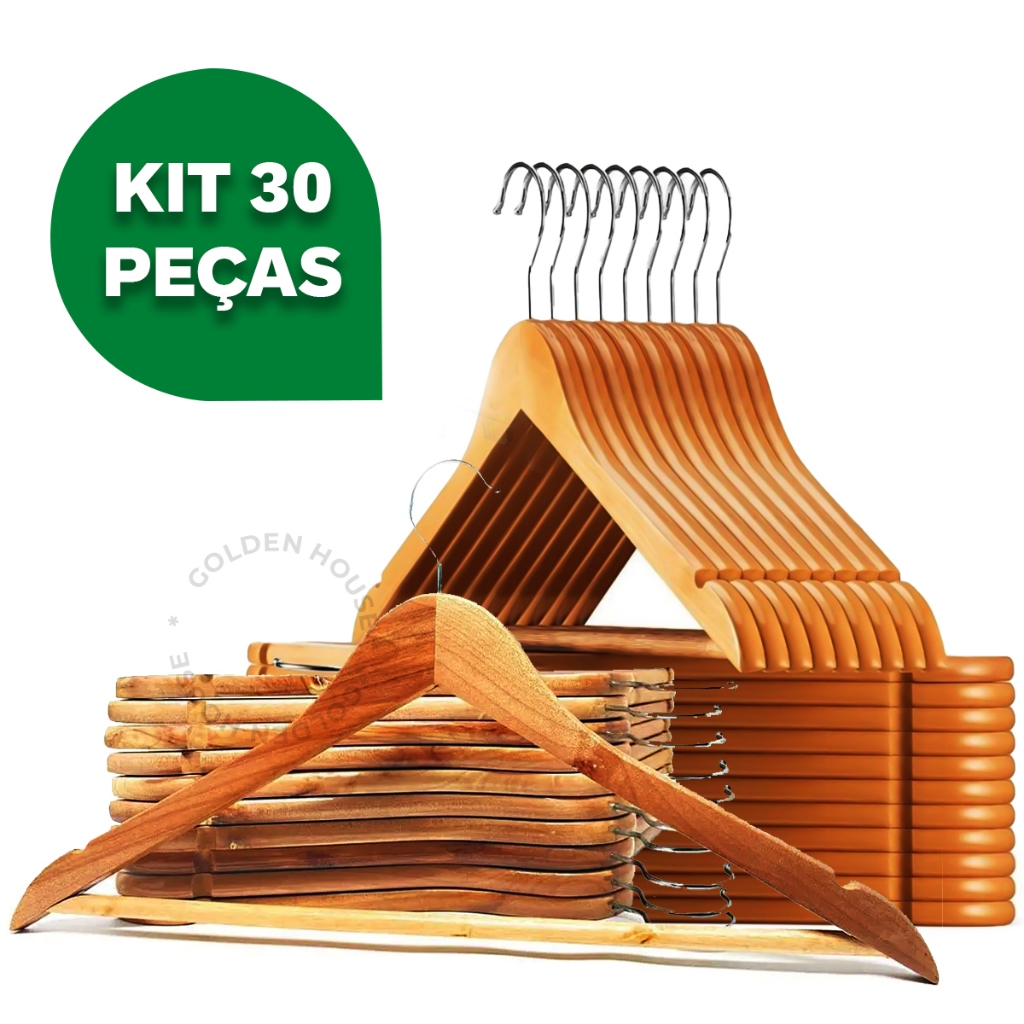 Kit 30 Cabides De Madeira Premium Marfim Para Roupas Calça Gancho Cromado