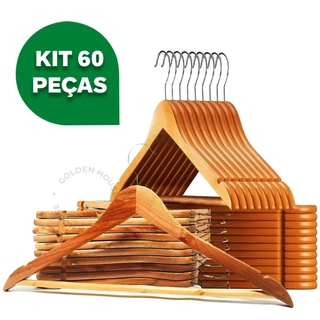 Kit 60 Cabides De Madeira Premium Marfim Para Roupas Calça Gancho Cromado