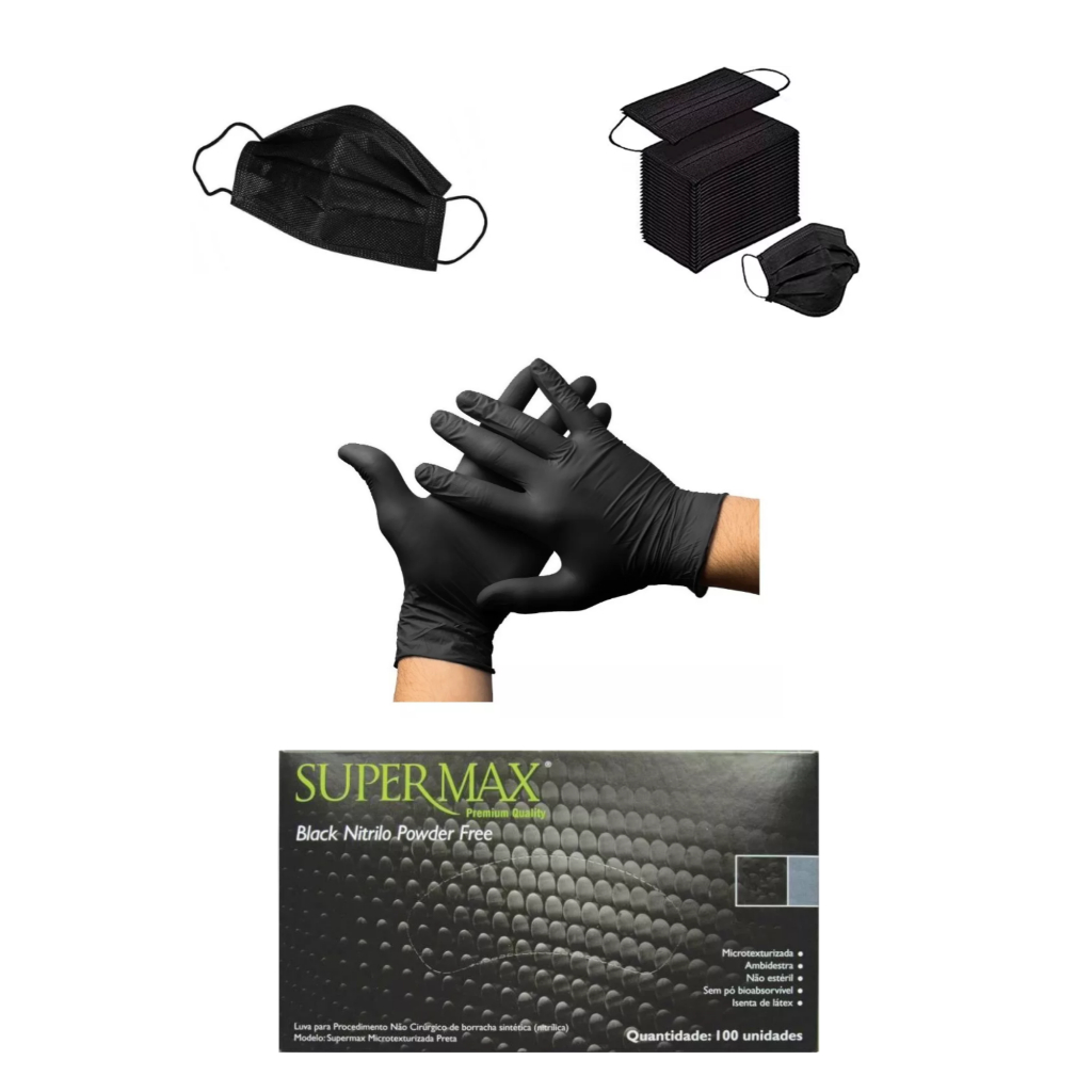 Kit Luva Nitrílica Preta Supermax 100und + Máscara preta 50und