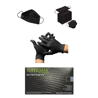 Kit Luva Nitrílica Preta Supermax 100und + Máscara preta 50und