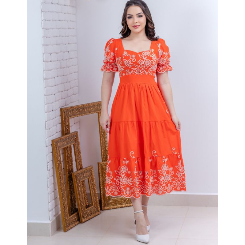 Vestido midi lese bordado algodão manga curto 0162