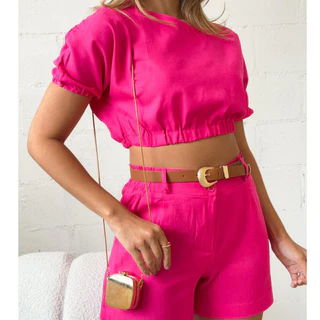 Conjunto feminino em linho short e cropped cores P ao GG, cores variadas coleção 2024