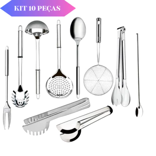 Jogo Kit Utensílios de Cozinha 10 Peças 100% Aço Inox Colher Escumadeira Concha Pegador de Massa e Garfo, Escumadeira Fritura, Pegador de Salada, Pegador de Macarrão, PEGADOR UNIVERSAL Coler bailarina 30cm.