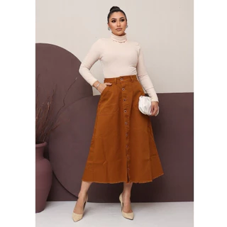 Saia Jeans Evangélica Feminina Longa Caramelo Com Botões e Bolsos 100%% Jeans Luxo