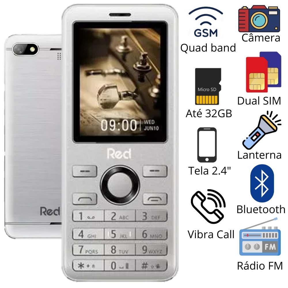 CELULAR IDOSO RED MOBILE PRIME 2.4 RADIO LANTERNA PRATA