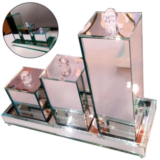 Kit Lavabo Luxo Com Bandeja Banheiro Trio Organizador Espelhado Vidro 4 Peças
